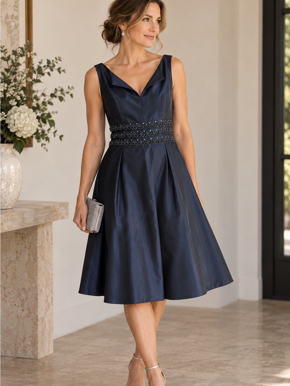 Jones New York Navy Beaded MOB Mother of Bride Wedding Cocktail Dress 12 NWT